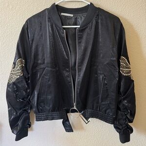 Sage the Label Embellished Rhinestone Bomber Jacket